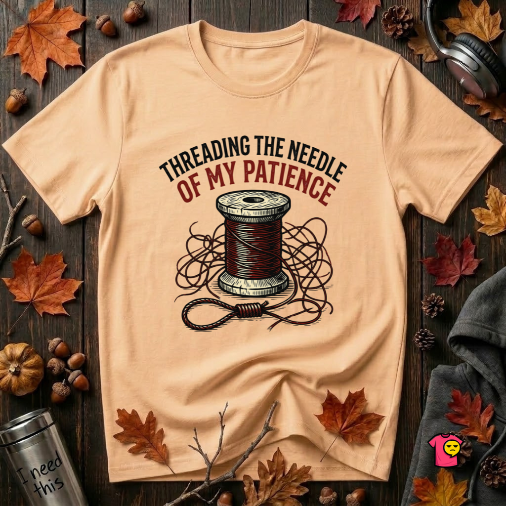 Threading the Needle of my Patience sewing t-shirt in Peach by Snarky Sarks