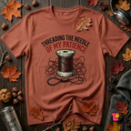 Threading the Needle of my Patience sewing t-shirt in Rust by Snarky Sarks