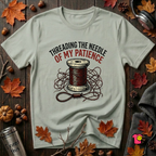 Threading the Needle of my Patience sewing t-shirt in Sage by Snarky Sarks