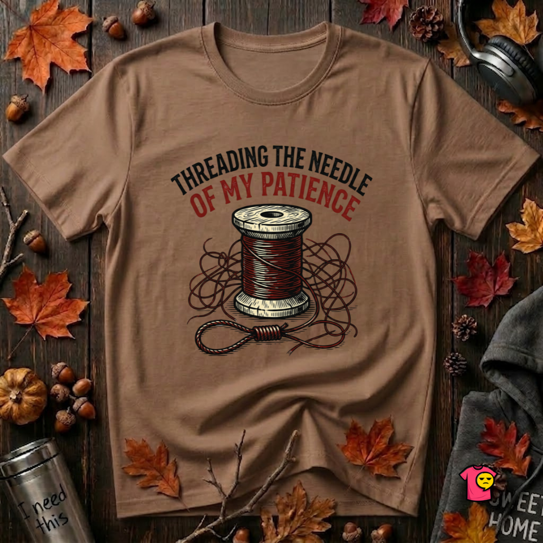 Threading the Needle of my Patience sewing t-shirt in Sand Dune by Snarky Sarks