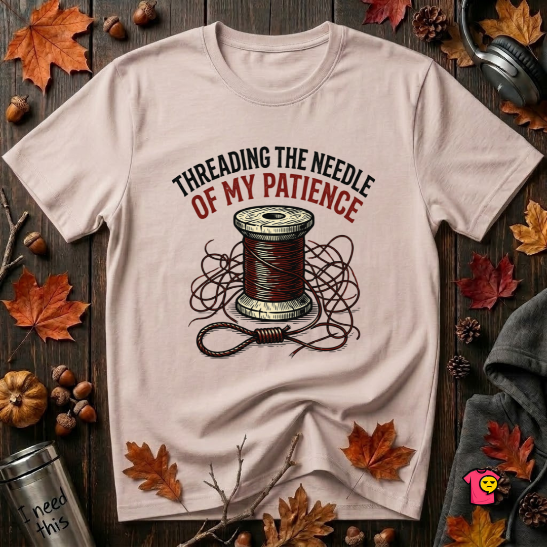 Threading the Needle of my Patience sewing t-shirt in Soft Pink by Snarky Sarks