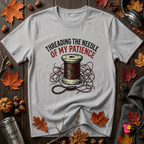 Threading the Needle of my Patience sewing t-shirt in Solid Athletic Gray by Snarky Sarks