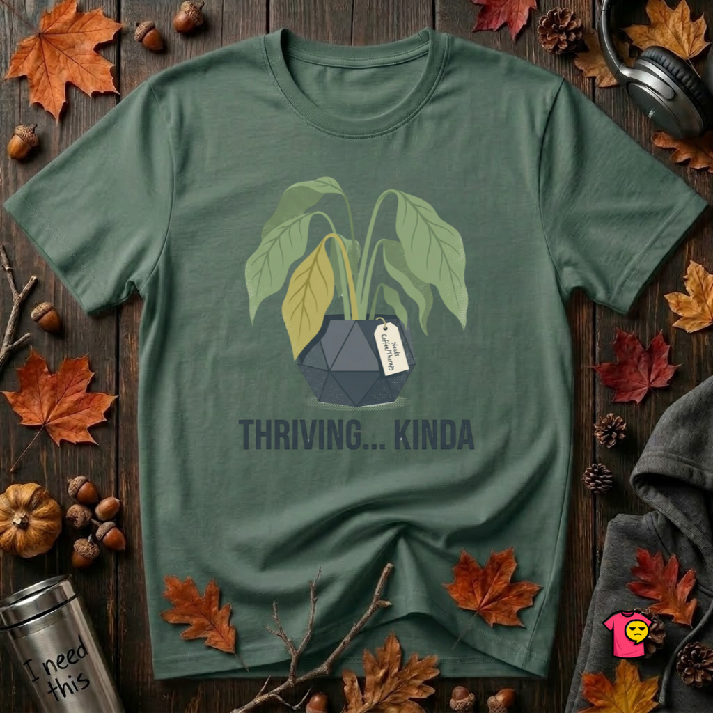 Thriving...Kinda sarcastic houseplant t-shirt in Heather Forest by Snarky Sarks