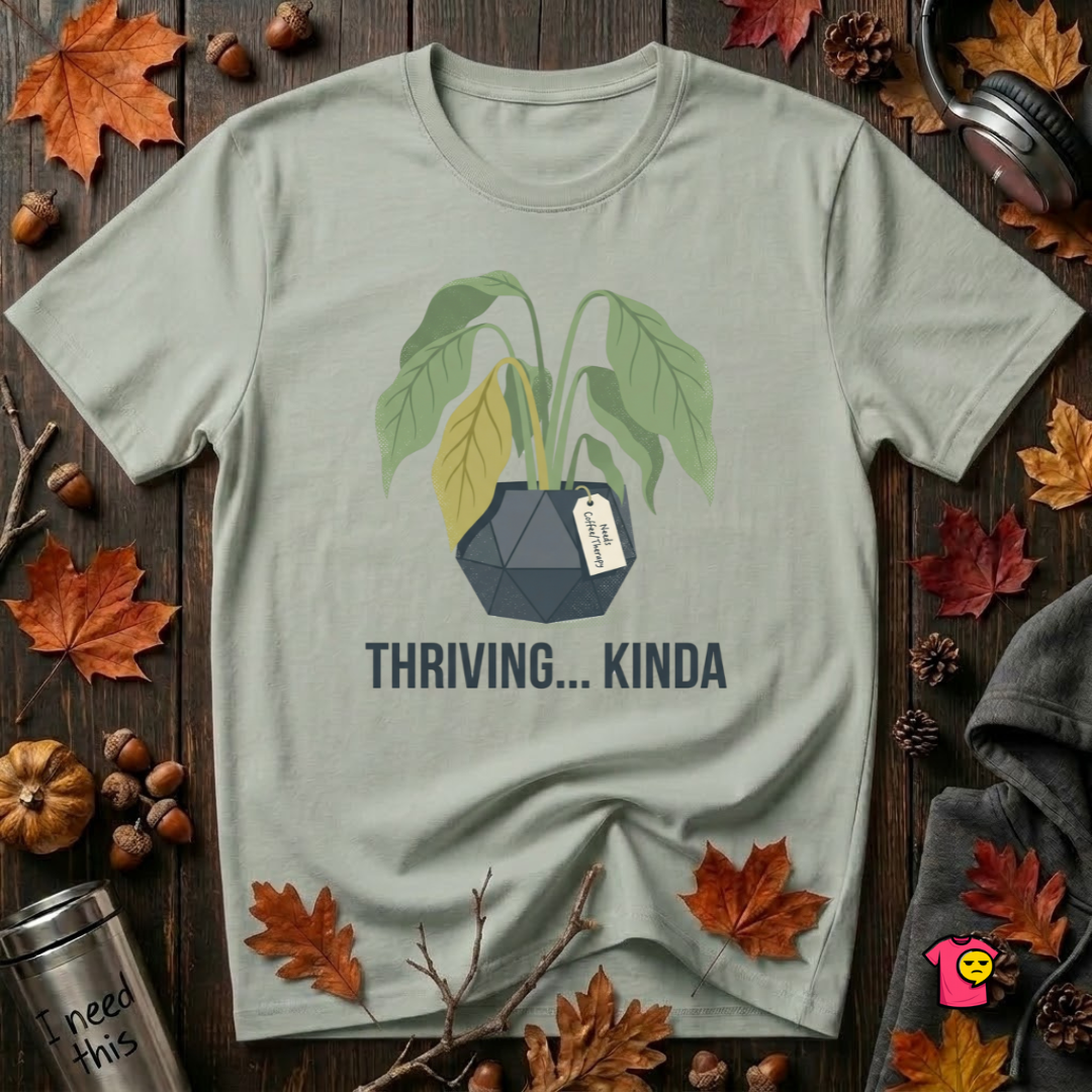 Thriving...Kinda sarcastic houseplant t-shirt in Sage by Snarky Sarks
