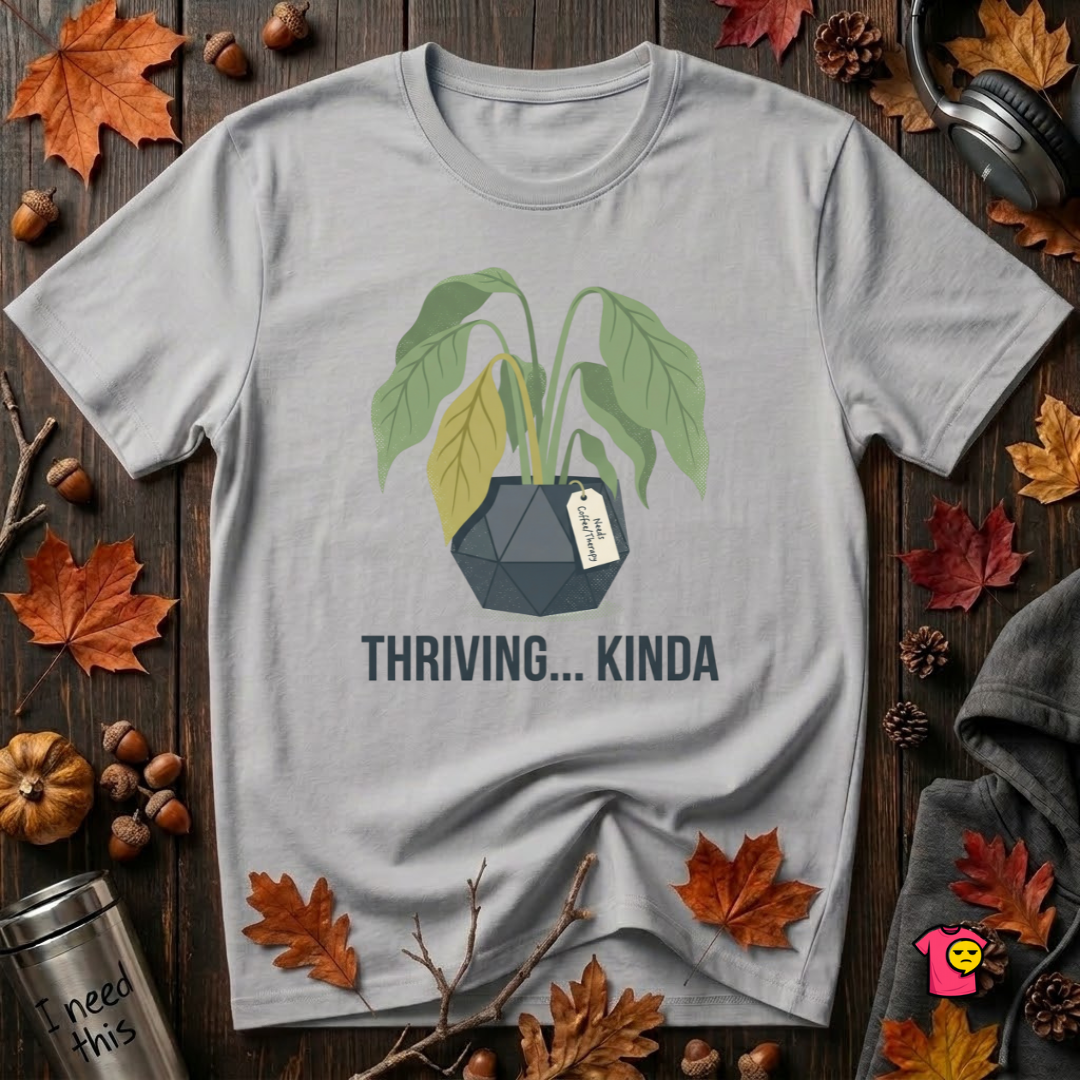 Thriving...Kinda sarcastic houseplant t-shirt in Solid Athletic Gray by Snarky Sarks