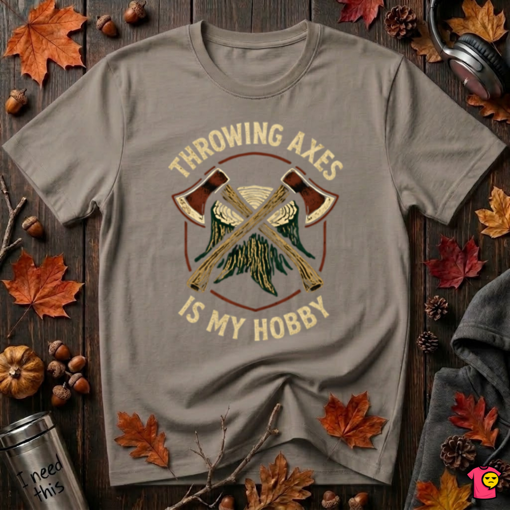 Throwing Axes Is My Hobby sarcastic graphic t-shirt in Asphalt by Snarky Sarks