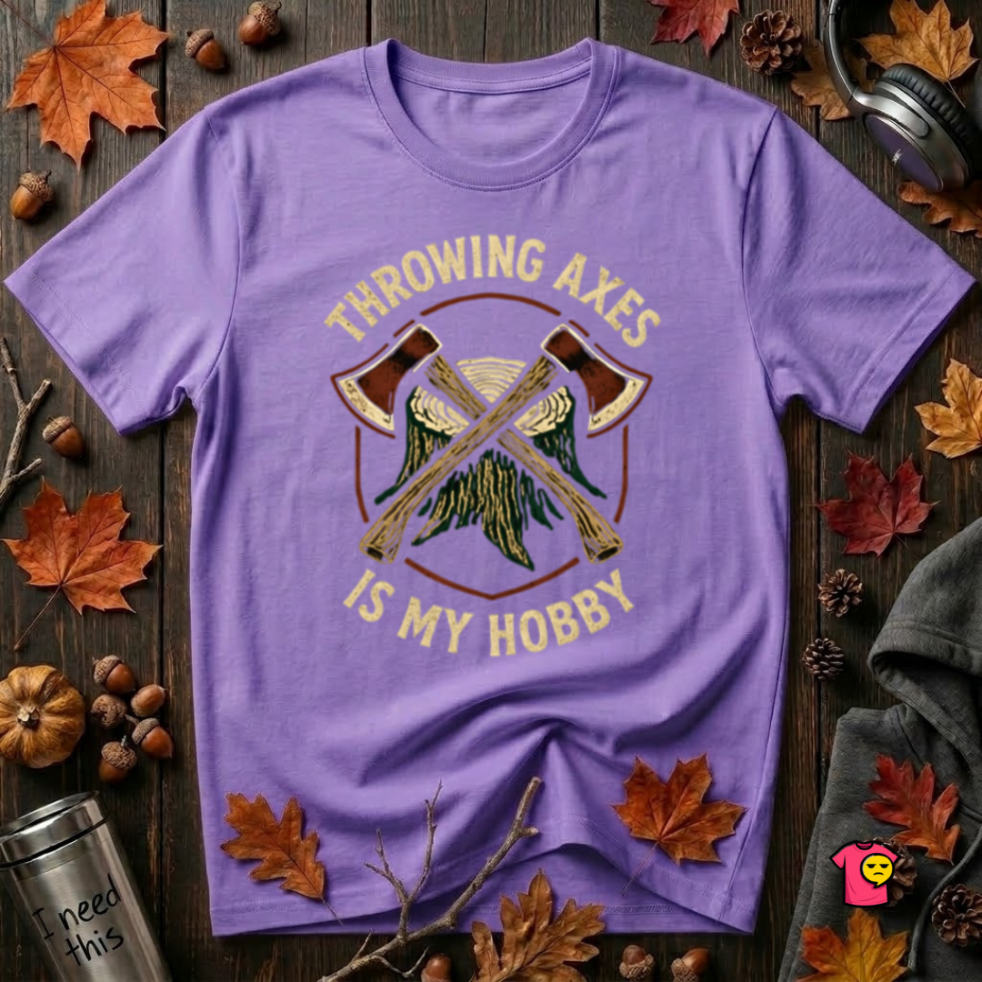 Throwing Axes Is My Hobby sarcastic graphic t-shirt in Heather Team Purple by Snarky Sarks