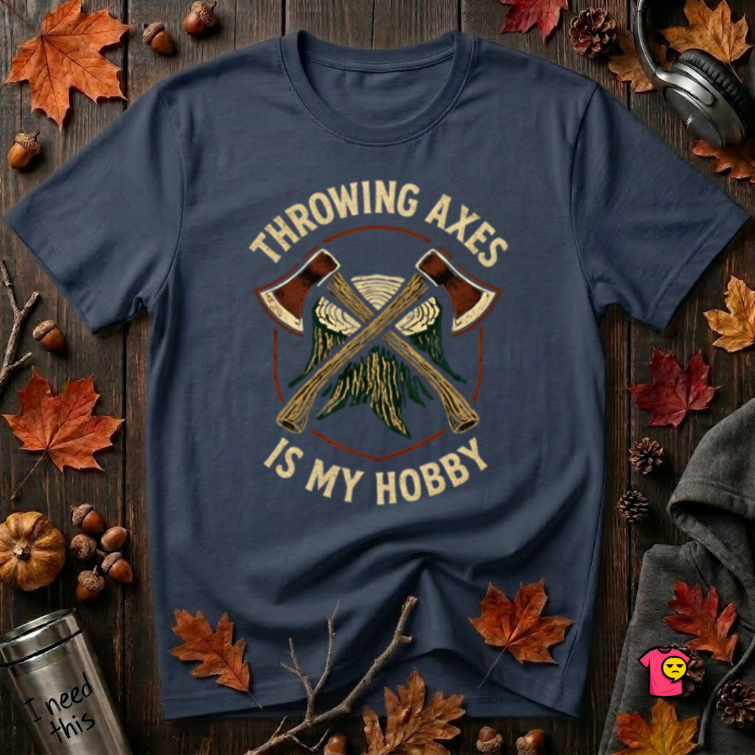 Throwing Axes Is My Hobby sarcastic graphic t-shirt in Navy by Snarky Sarks