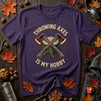 Throwing Axes Is My Hobby sarcastic graphic t-shirt in Purple by Snarky Sarks