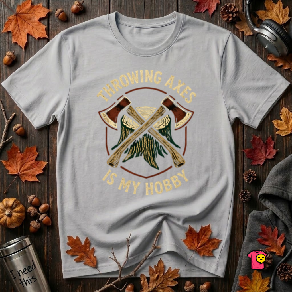 Throwing Axes Is My Hobby sarcastic graphic t-shirt in Solid Athletic Gray by Snarky Sarks