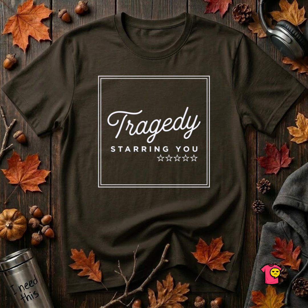 Tragedy -- Starring You sarcastic graphic t-shirt in Black by Snarky Sarks