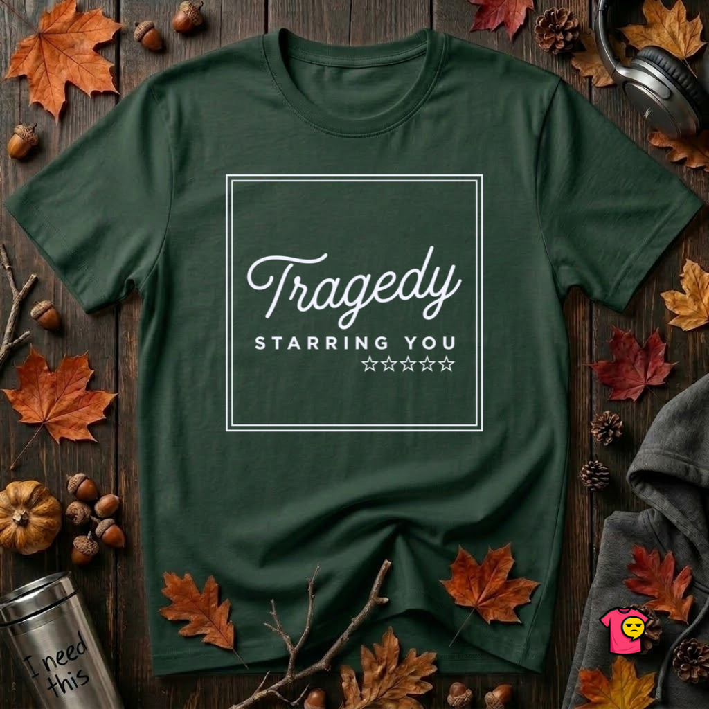 Tragedy -- Starring You sarcastic graphic t-shirt in Forest by Snarky Sarks