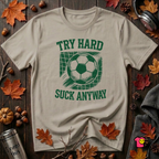 Try Hard Suck Anyway sarcastic graphic t-shirt in Heather Stone by Snarky Sarks
