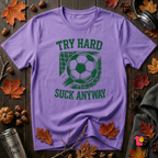 Try Hard Suck Anyway sarcastic graphic t-shirt in Heather Team Purple by Snarky Sarks