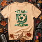 Try Hard Suck Anyway sarcastic graphic t-shirt in Peach by Snarky Sarks