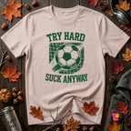 Try Hard Suck Anyway sarcastic graphic t-shirt in Soft Pink by Snarky Sarks