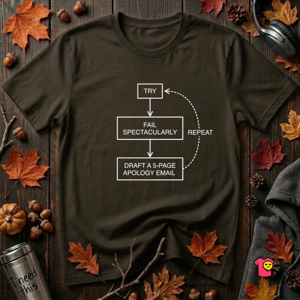 Try, Fail, Send a 5-Page Apology Email sarcastic graphic t-shirt in Black by Snarky Sarks