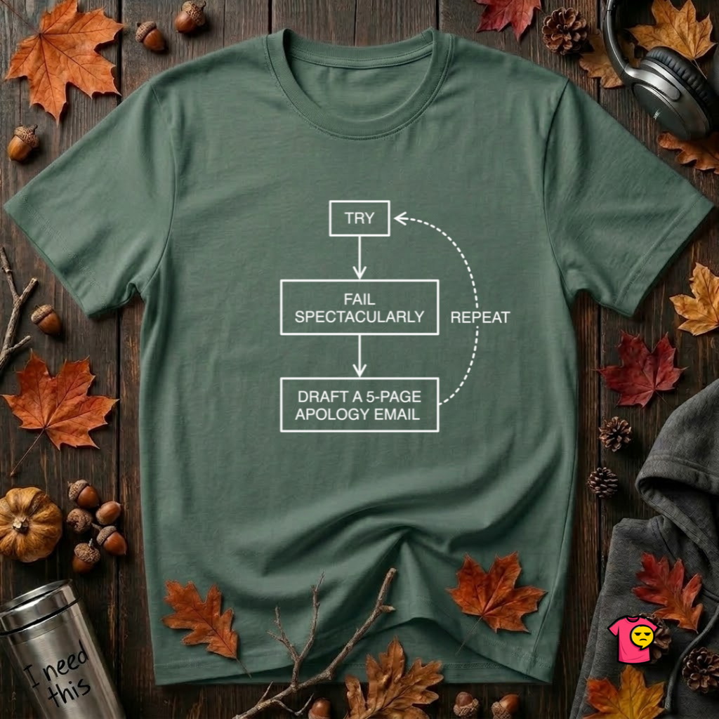 Try, Fail, Send a 5-Page Apology Email sarcastic t-shirt in Heather Forest by Snarky Sarks