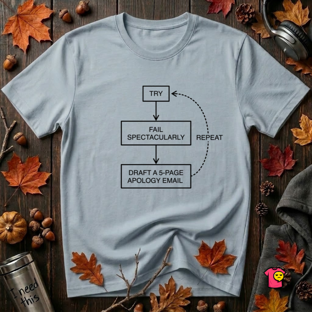 Try, Fail, Send a 5-Page Apology Email sarcastic t-shirt in Light Blue by Snarky Sarks