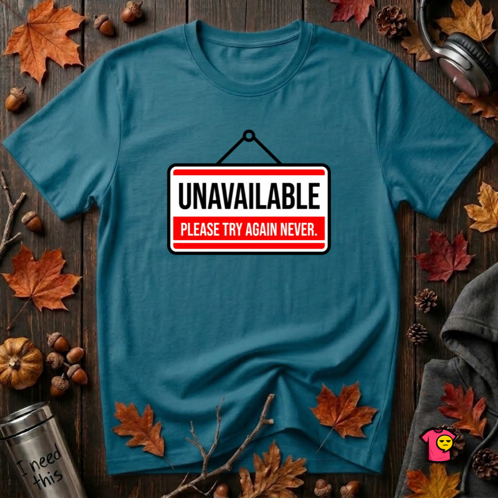 Unavailable. Please Try Again Never. sarcastic t-shirt in Deep Teal by Snarky Sarks
