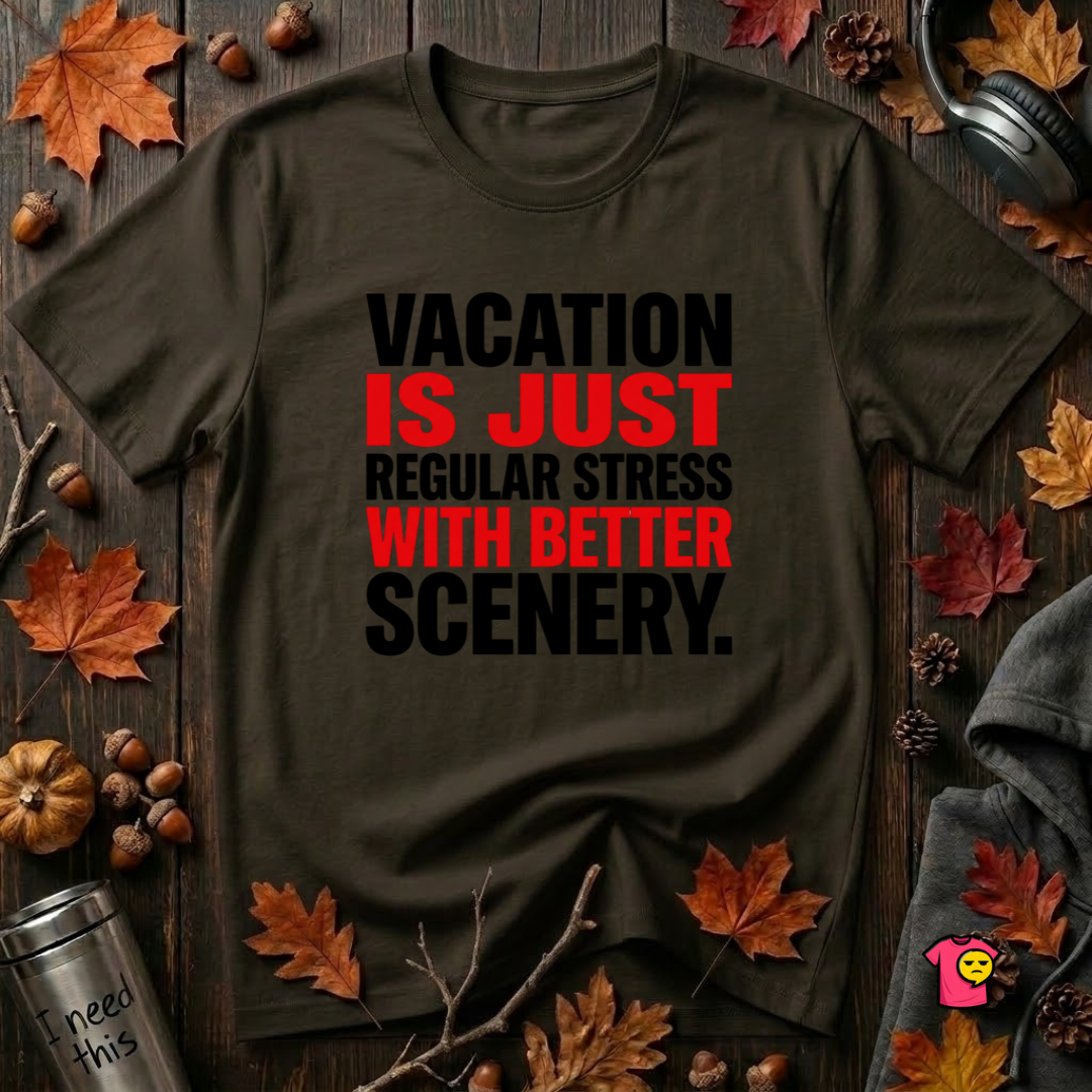 Vacation is Stress with Better Scenery travel t-shirt in Black by Snarky Sarks