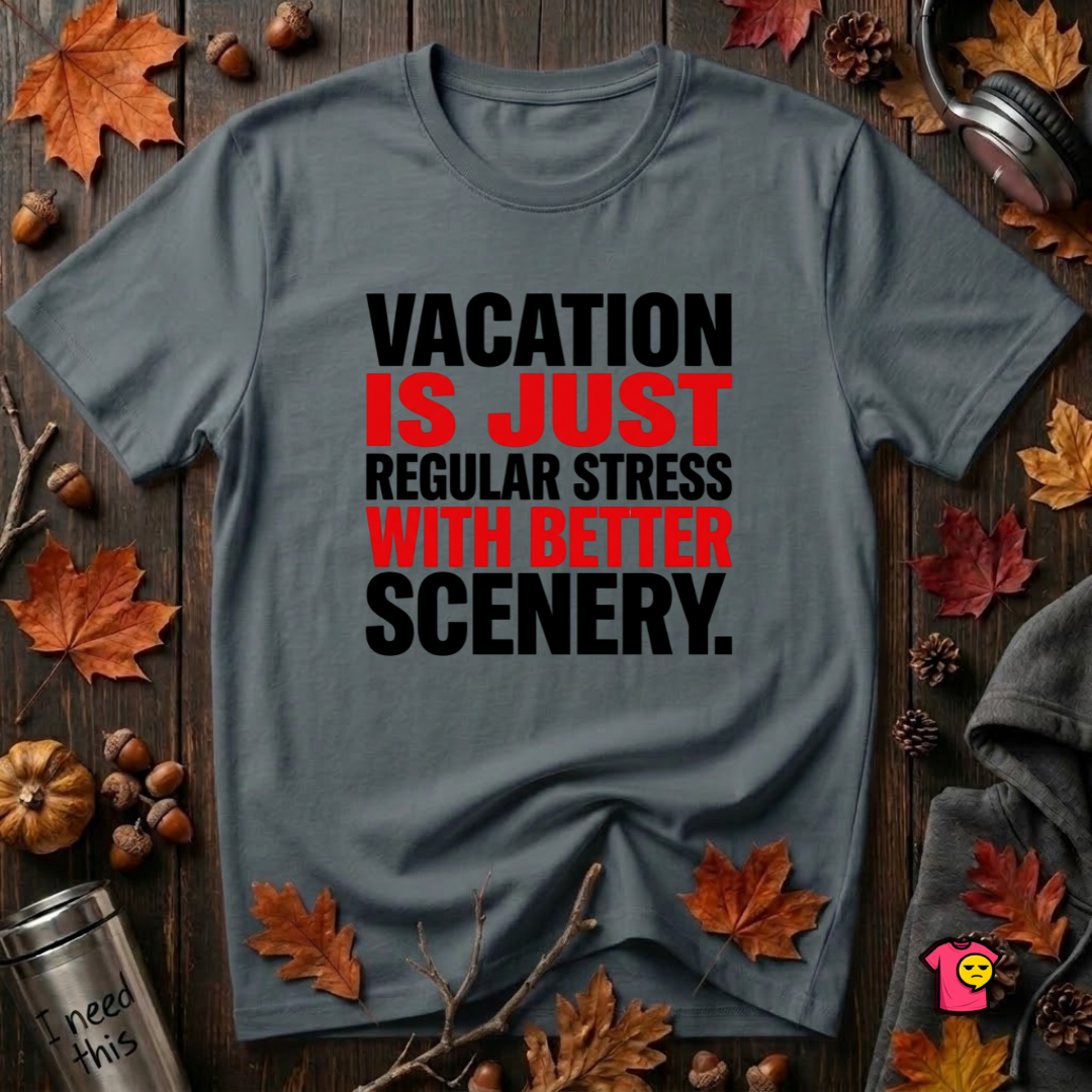 Vacation is Stress with Better Scenery travel t-shirt in Dark Gray by Snarky Sarks