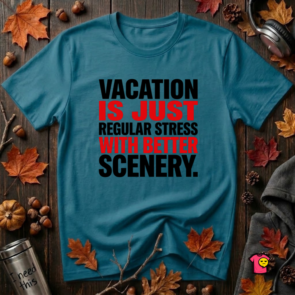 Vacation is Stress with Better Scenery travel t-shirt in Deep Teal by Snarky Sarks