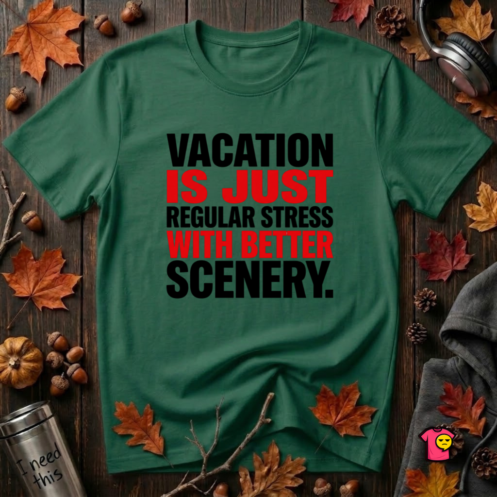 Vacation is Stress with Better Scenery travel t-shirt in Evergreen by Snarky Sarks