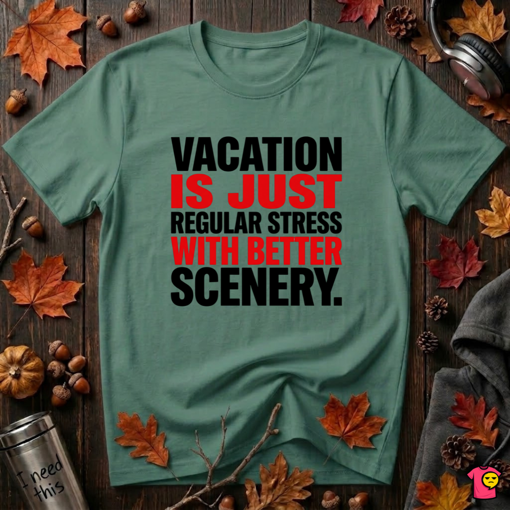 Vacation is Stress with Better Scenery travel t-shirt in Grass Green by Snarky Sarks