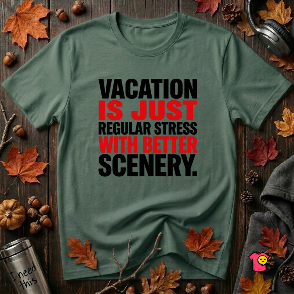Vacation is Stress with Better Scenery travel t-shirt in Heather Forest by Snarky Sarks