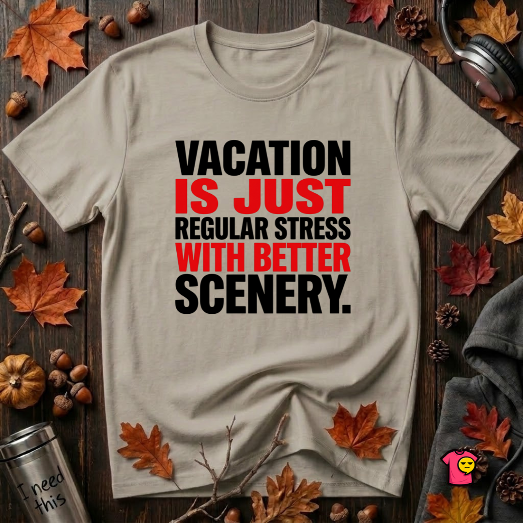 Vacation is Stress with Better Scenery travel t-shirt in Heather Stone by Snarky Sarks