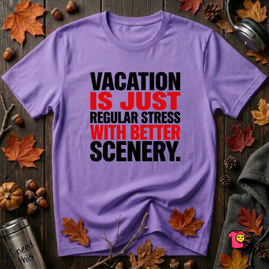 Vacation is Stress with Better Scenery travel t-shirt in Heather Team Purple by Snarky Sarks