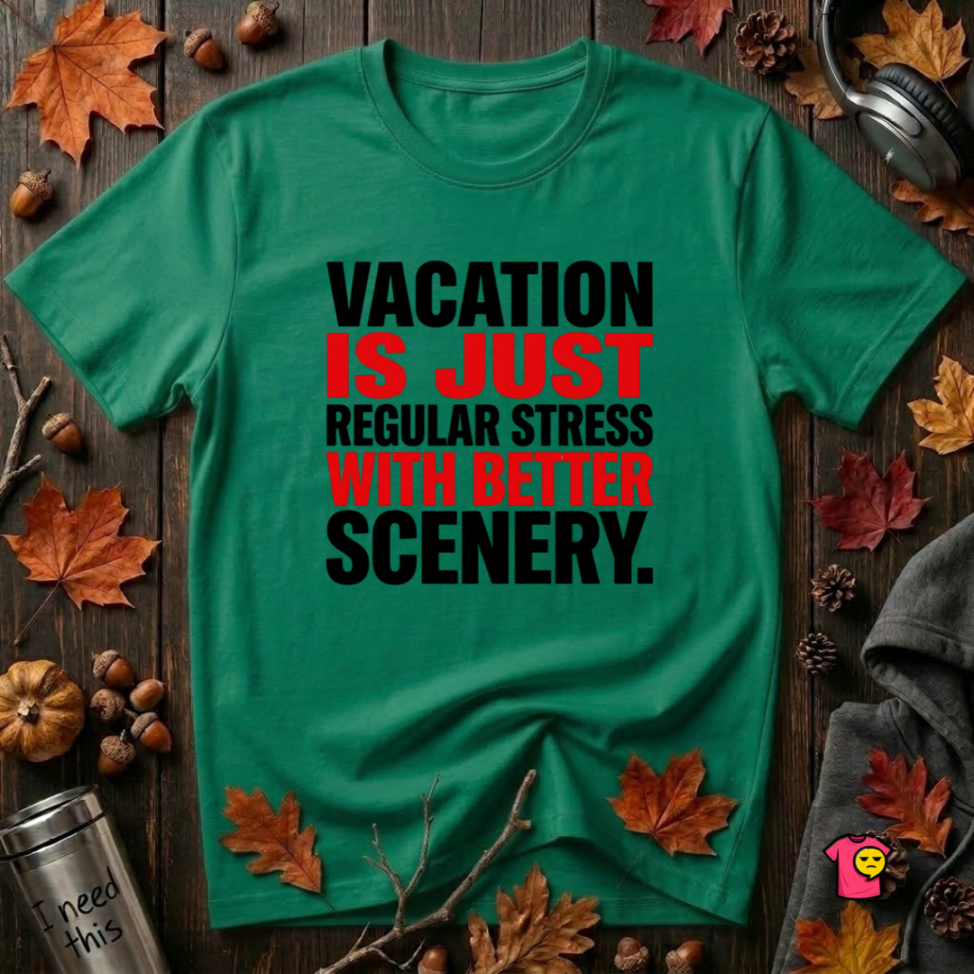 Vacation is Stress with Better Scenery travel t-shirt in Kelly by Snarky Sarks