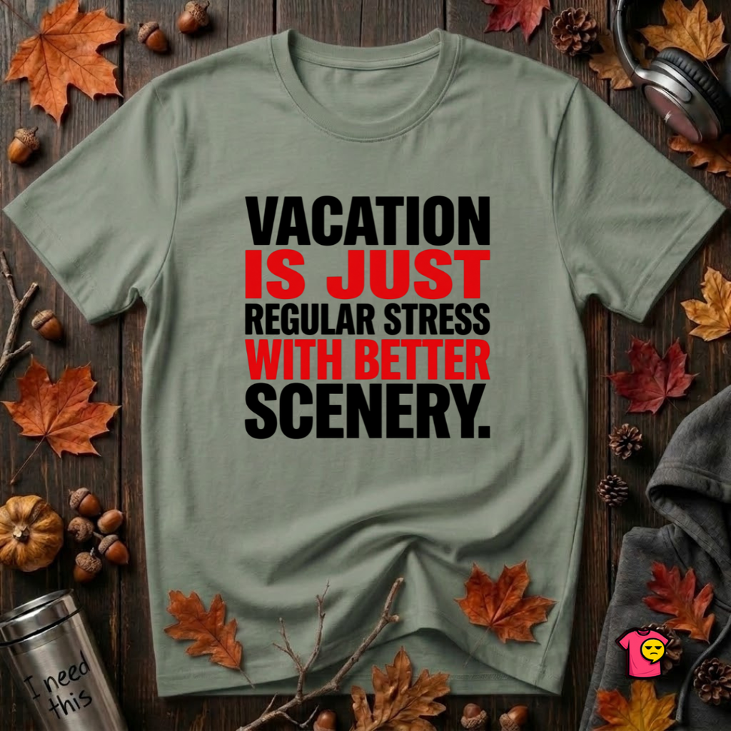 Vacation is Stress with Better Scenery travel t-shirt in Military Green by Snarky Sarks
