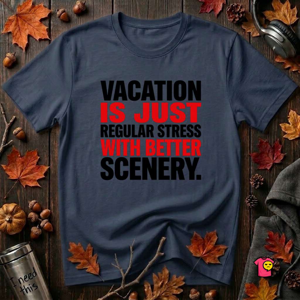 Vacation is Stress with Better Scenery travel t-shirt in Navy by Snarky Sarks