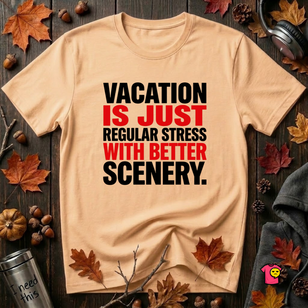 Vacation is Stress with Better Scenery travel t-shirt in Peach by Snarky Sarks