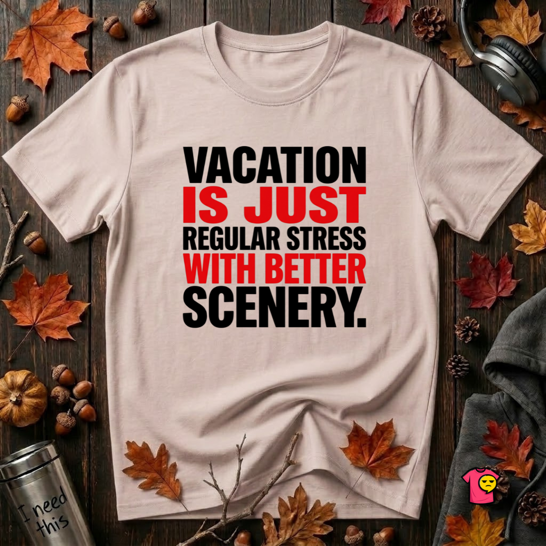 Vacation is Stress with Better Scenery travel t-shirt in Soft Pink by Snarky Sarks