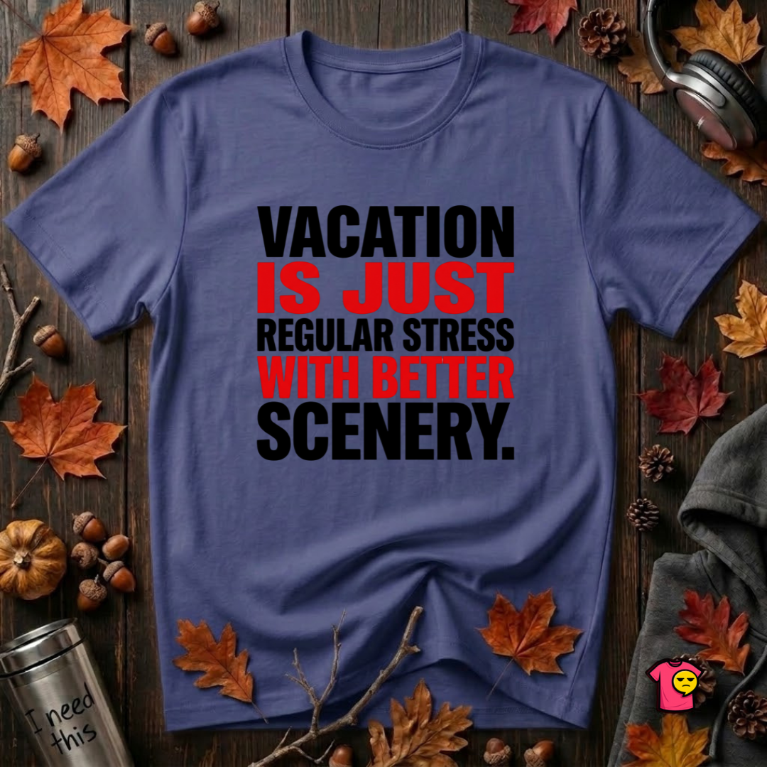 Vacation is Stress with Better Scenery travel t-shirt in Team Navy by Snarky Sarks