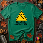 Warning Gravity Still Works sarcastic graphic t-shirt in Kelly by Snarky Sarks