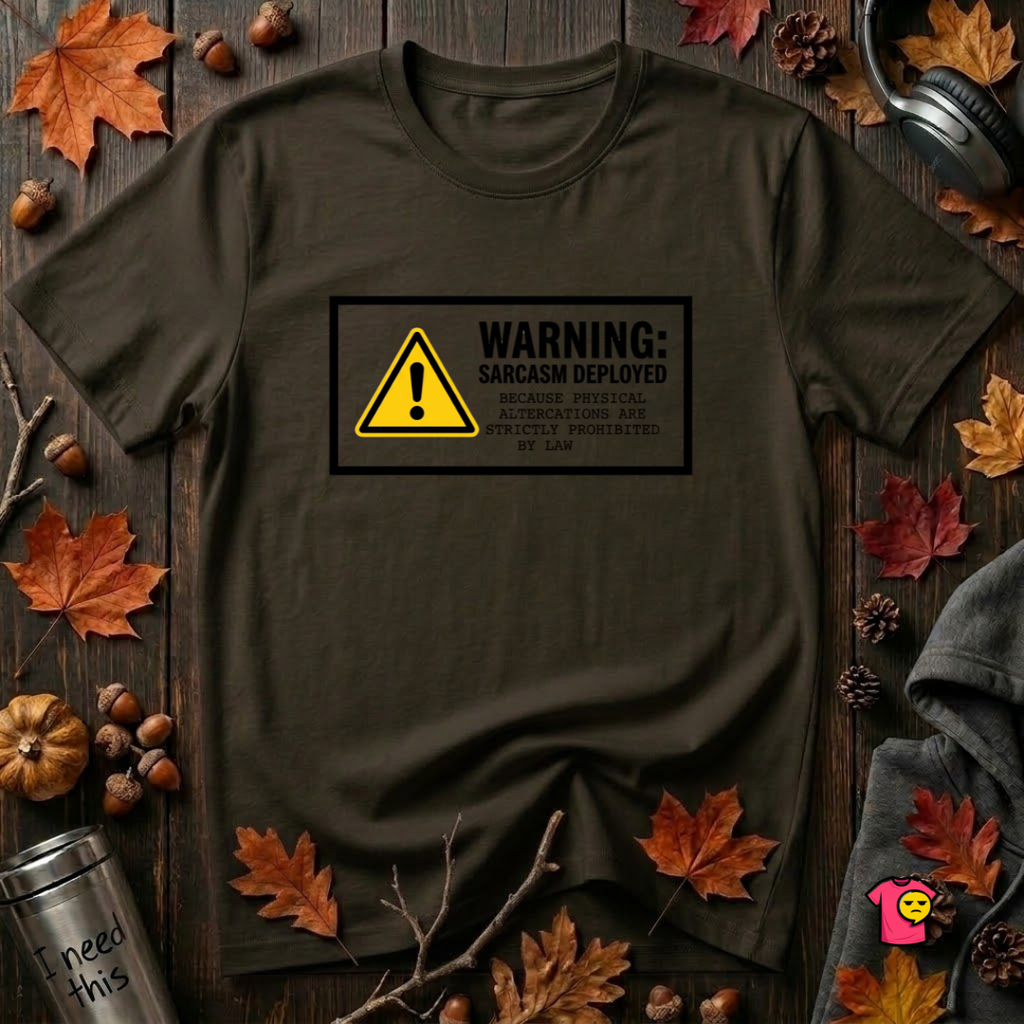 Warning Sarcasm Deployed graphic t-shirt in Black by Snarky Sarks