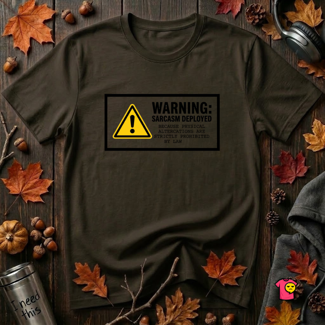 Warning Sarcasm Deployed graphic t-shirt in Black by Snarky Sarks