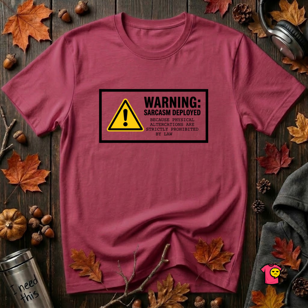 Warning Sarcasm Deployed graphic t-shirt in Cardinal by Snarky Sarks