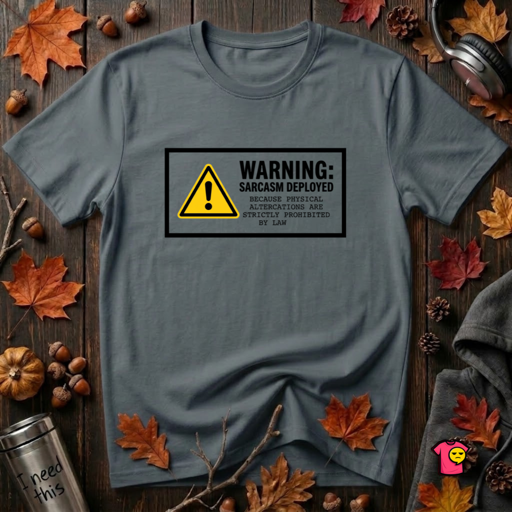 Warning Sarcasm Deployed graphic t-shirt in Dark Gray by Snarky Sarks