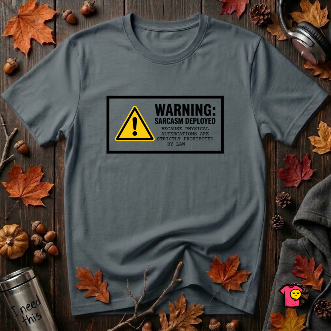 Warning Sarcasm Deployed graphic t-shirt in Dark Gray by Snarky Sarks