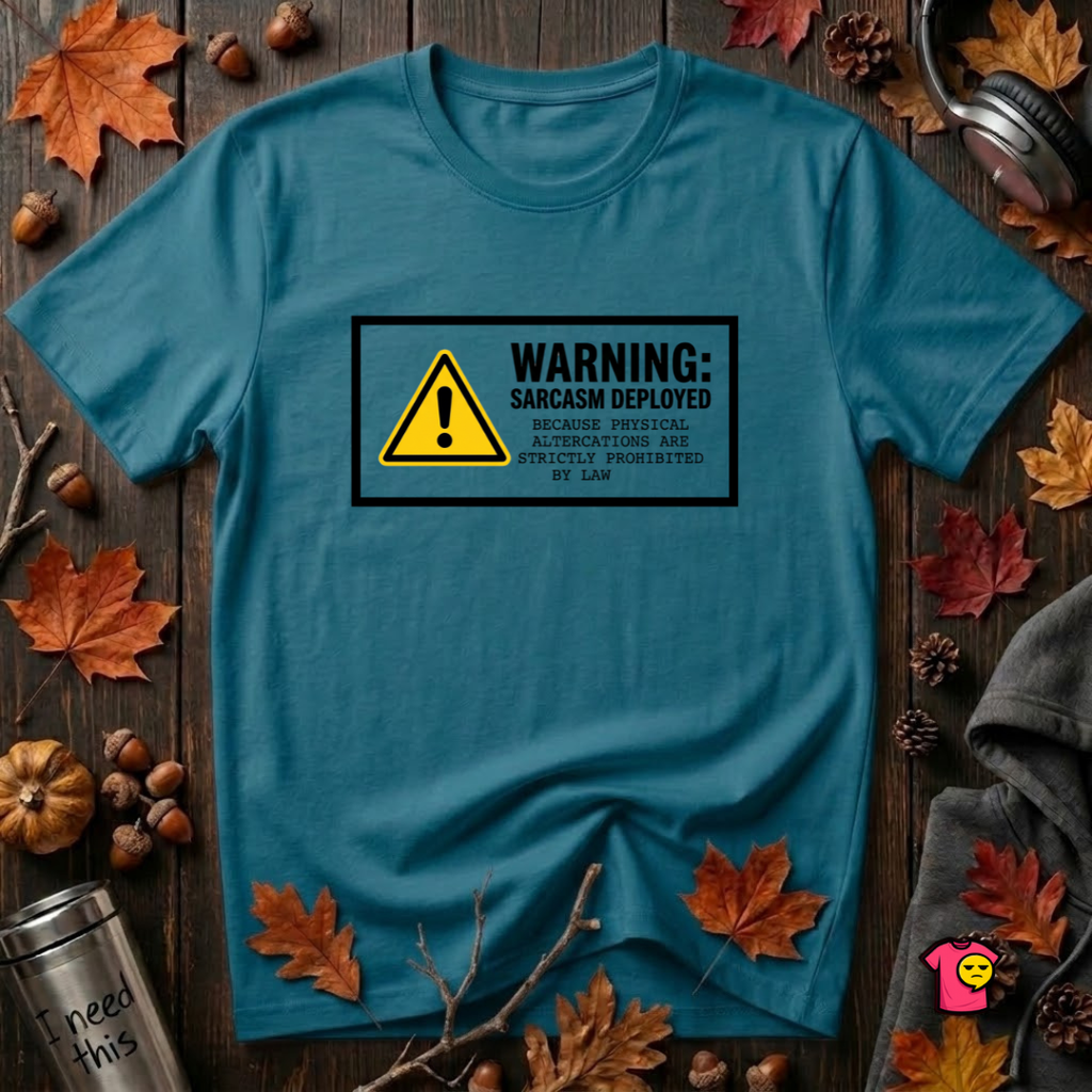 Warning Sarcasm Deployed graphic t-shirt in Deep Teal by Snarky Sarks