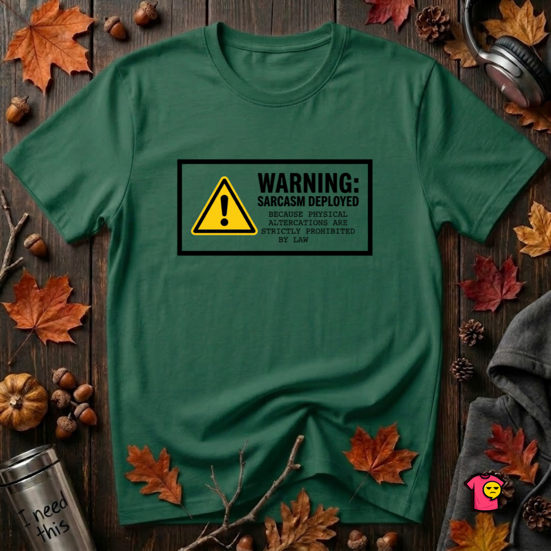 Warning Sarcasm Deployed graphic t-shirt in Evergreen by Snarky Sarks