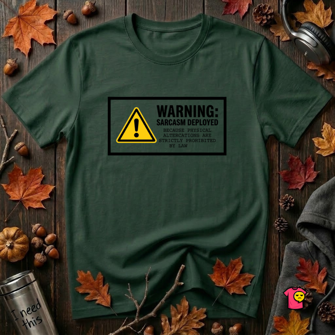 Warning Sarcasm Deployed graphic t-shirt in Forest by Snarky Sarks