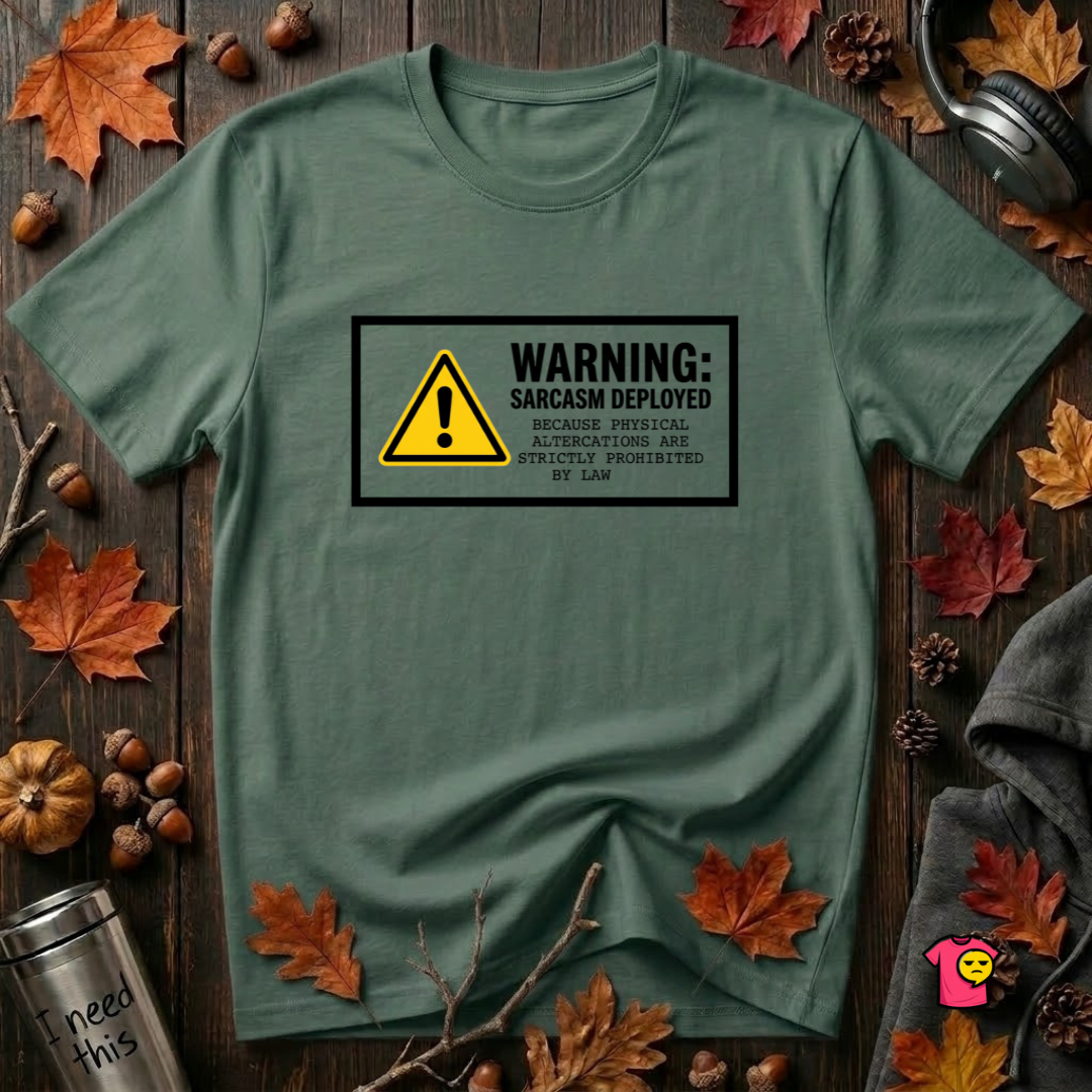 Warning Sarcasm Deployed graphic t-shirt in Heather Forest by Snarky Sarks