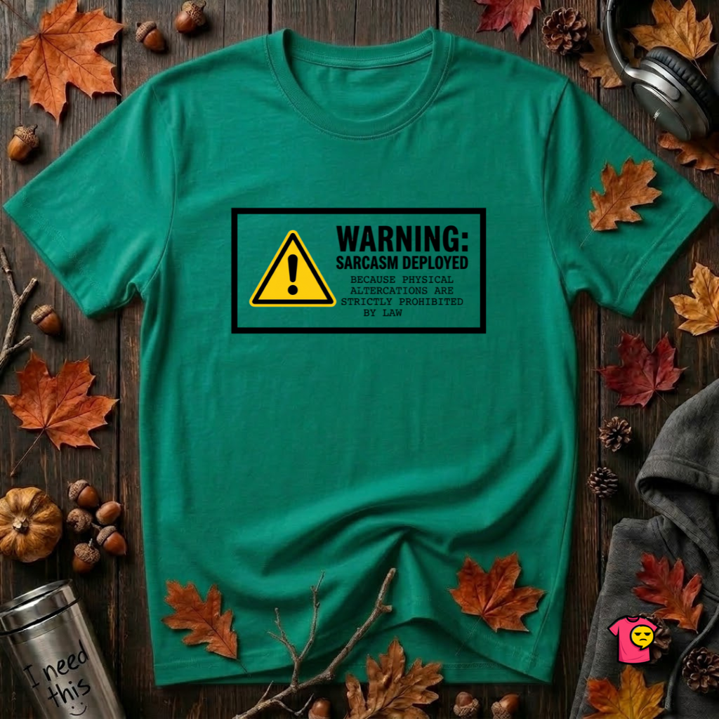 Warning Sarcasm Deployed graphic t-shirt in Heather Kelly by Snarky Sarks