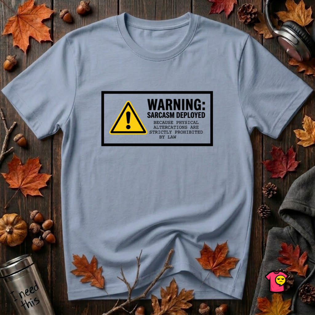 Warning Sarcasm Deployed graphic t-shirt in Heather Prism Blue by Snarky Sarks